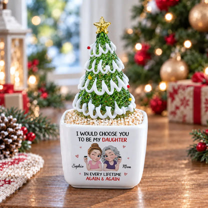 Personalized Square Glass Planter, Christmas Tree, Mother and Daughter Sharing Drinks, Unique Gift for Daughter