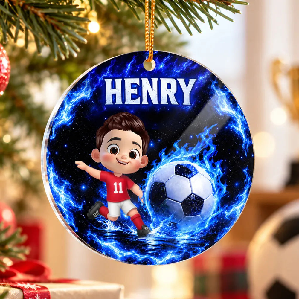 Personalized Acrylic Ornament, Electric Blue Cartoon Soccer Player Kicking a Ball, Unique Christmas Gift for Kids