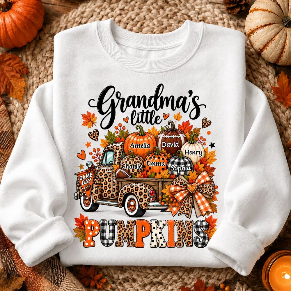 Personalized Classic Tee, Grandma's Little Pumpkins Fall Football Design, Unique Game Day Gift for Grandma