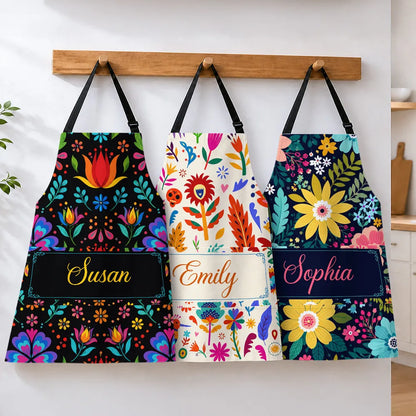 Personalized 4-Pocket Apron with Vibrant Folk Florals, Baking Together, Unique Gift for Mom