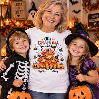 Personalized Grandma Loves Her Herd Sweatshirt, Cute Highland Cows and Spiders, Creative Halloween Gift