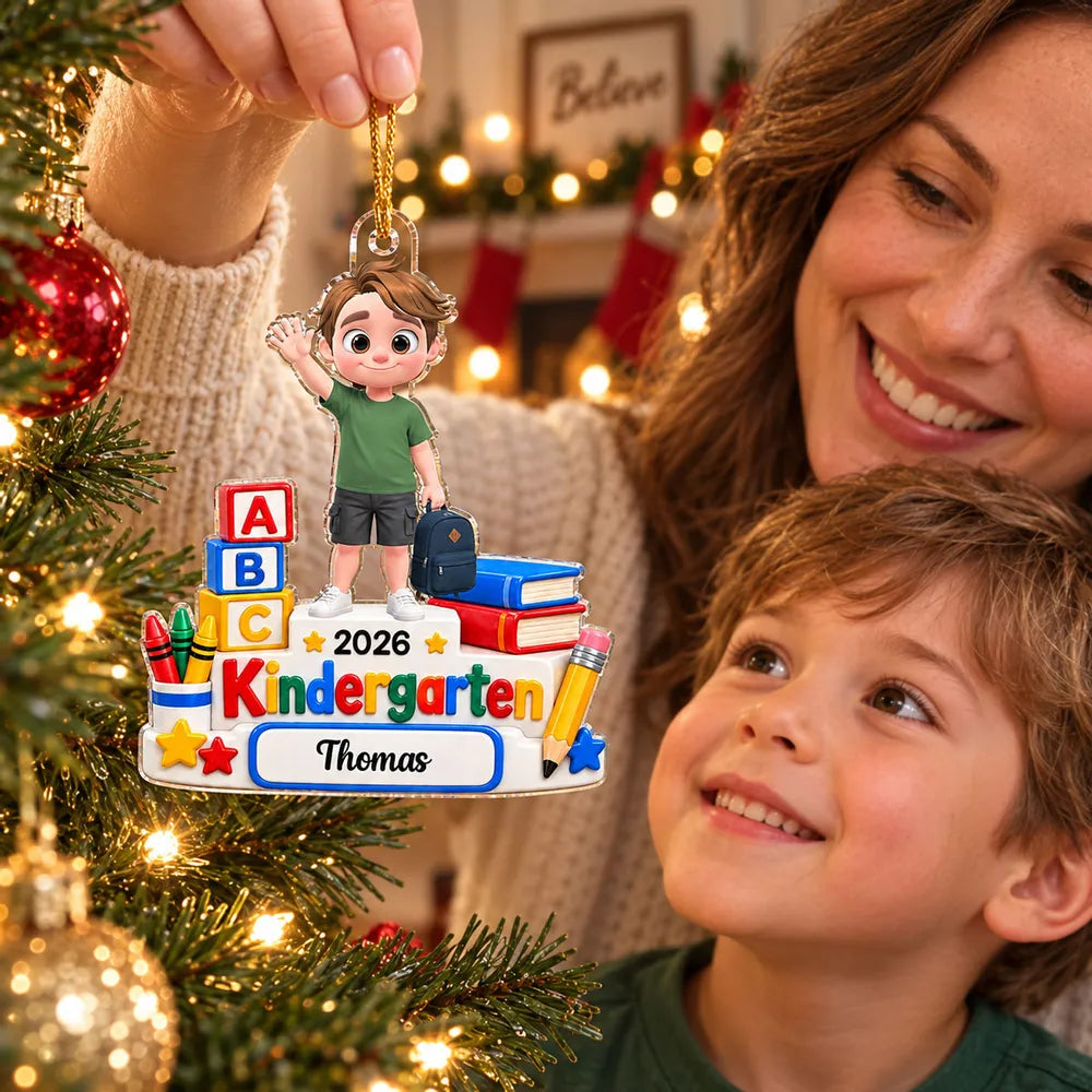 Personalized Acrylic Ornament, Child with Apple & Backpack, Kindergarten Scene, Unique Creative Gift for Kids
