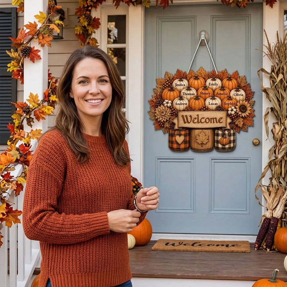 Family Welcome Wooden Sign with Fall Pumpkin Design, Personalized Front Door Decor, Creative Gift for Family