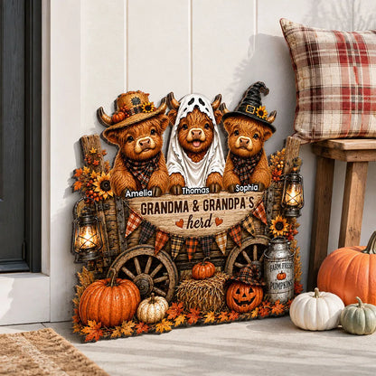Personalized Wooden Sign with Costumed Highland Cows and Pumpkin Wagon, Unique Fall Gift for Grandparents