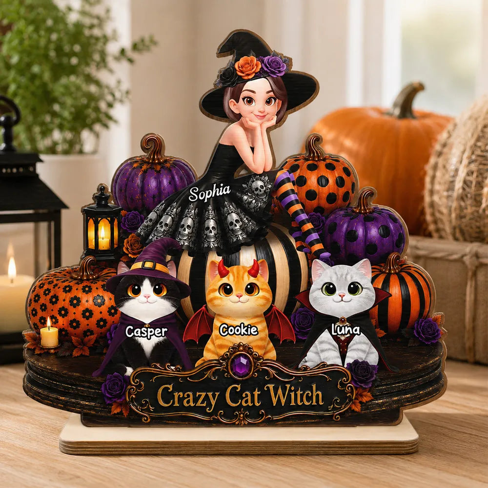 Personalized 2-Layer Wooden Plaque, Cat Witch with Costumed Cats and Pumpkins, Unique Gift for Cat Lovers