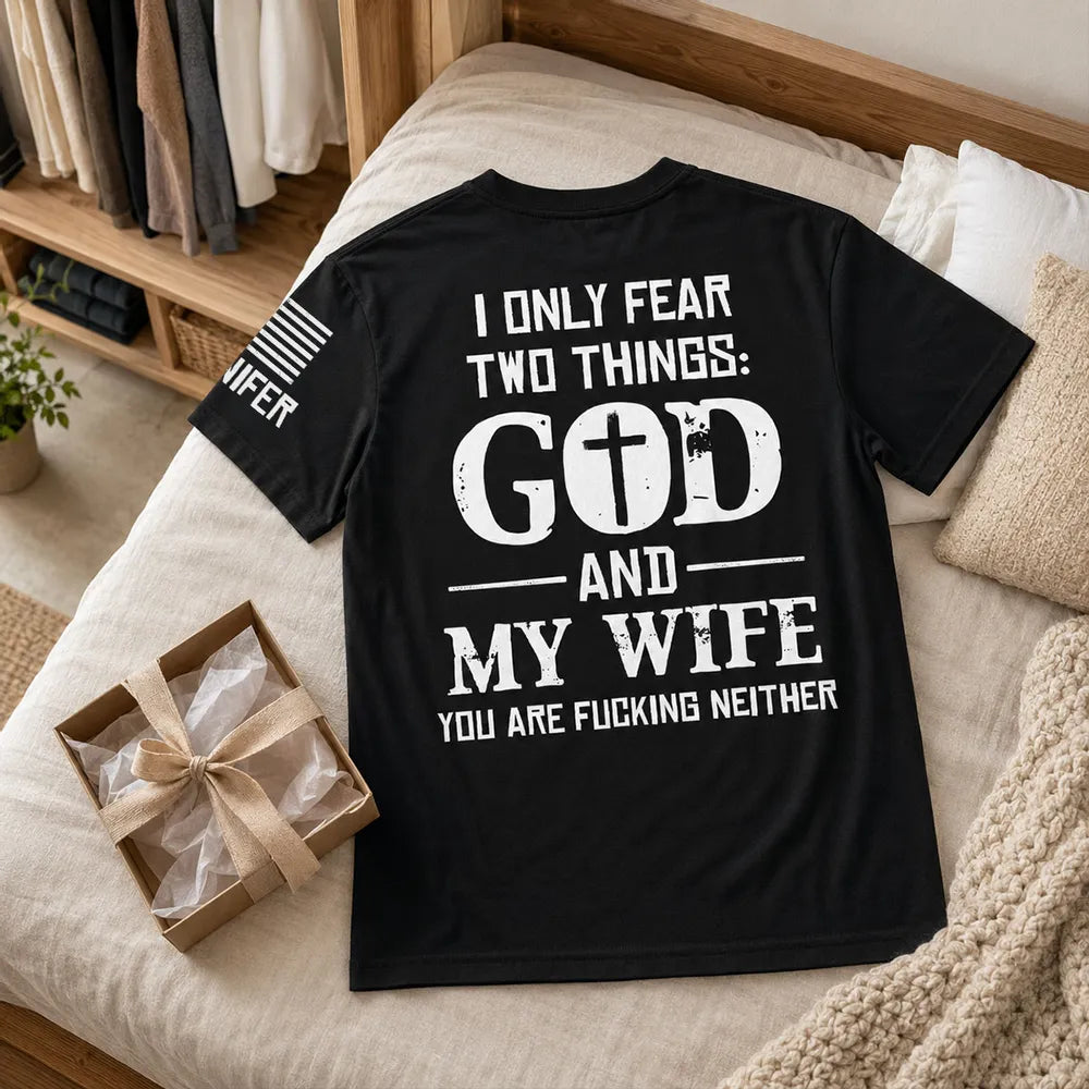 Personalized Dual Print Classic Tee, Bold God and Wife Quote with Sleeve Detail, Unique Gift for Husband