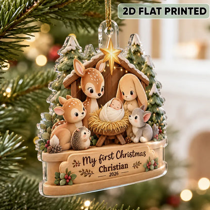 Personalized Acrylic Ornament, My First Christmas Snowy Woodland Scene in Warm Neutrals, Unique Baby Keepsake Gift