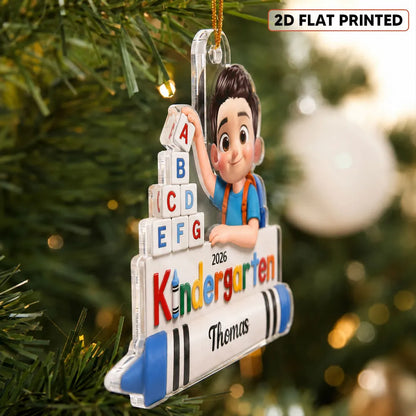 Personalized Acrylic Ornament, Colorful Kindergarten Child Holding Crayons, Unique Back to School Gift for Kids