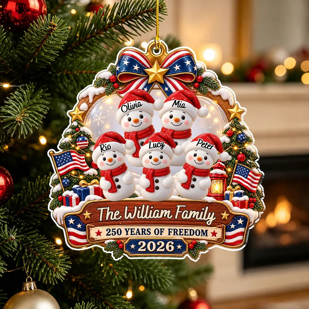 Custom USA Flag Snowman Family Ornament, Personalized Acrylic Christmas Keepsake for Your Family