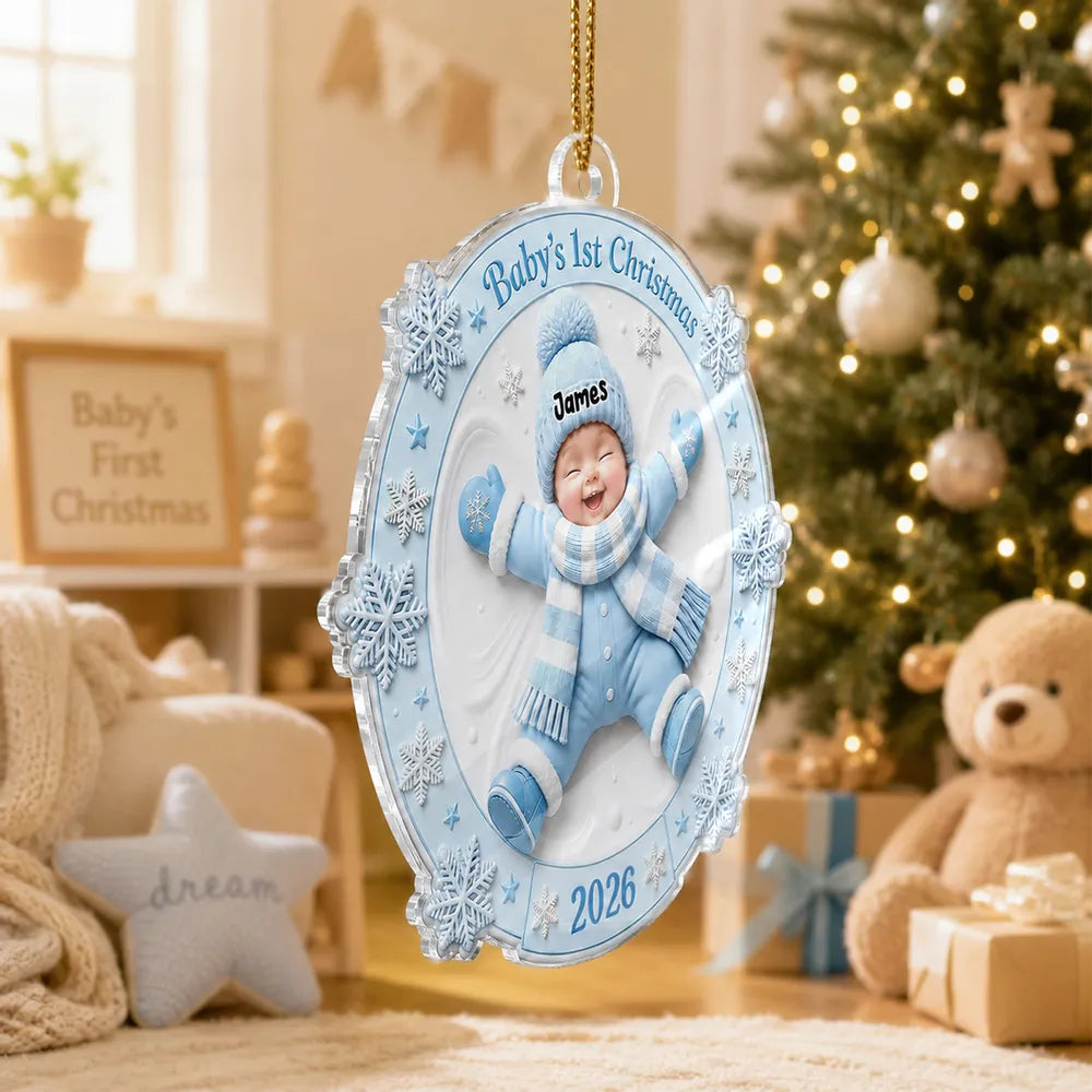 Personalized Acrylic Ornament, Smiling Baby Snow Angel in Pink, Unique Christmas Gift for New Parents