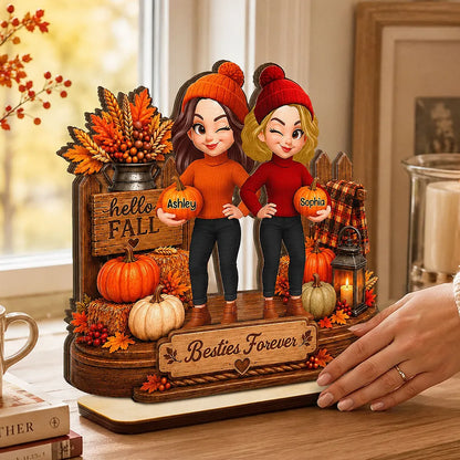 Personalized Wooden Plaque, Winking Besties Holding Pumpkins in a Cozy Fall Scene, Unique Gift for a Close Friend