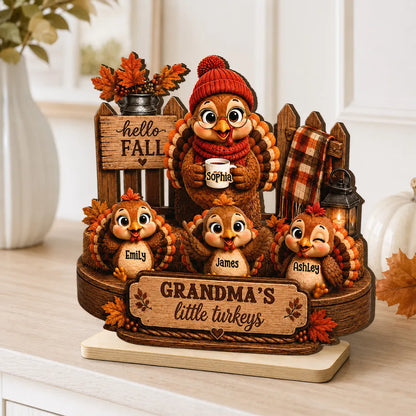 Personalized Wooden Plaque, Grandma Turkey Holding a Mug in a Hello Fall Scene, Unique Gift for Grandma