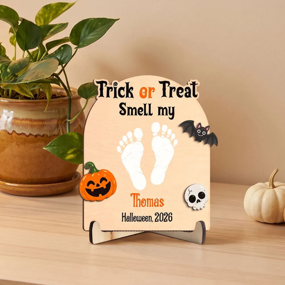 Trick or Treat Personalized Wooden Plaque, Cute Halloween Keepsake and Creative Gift for New Parents