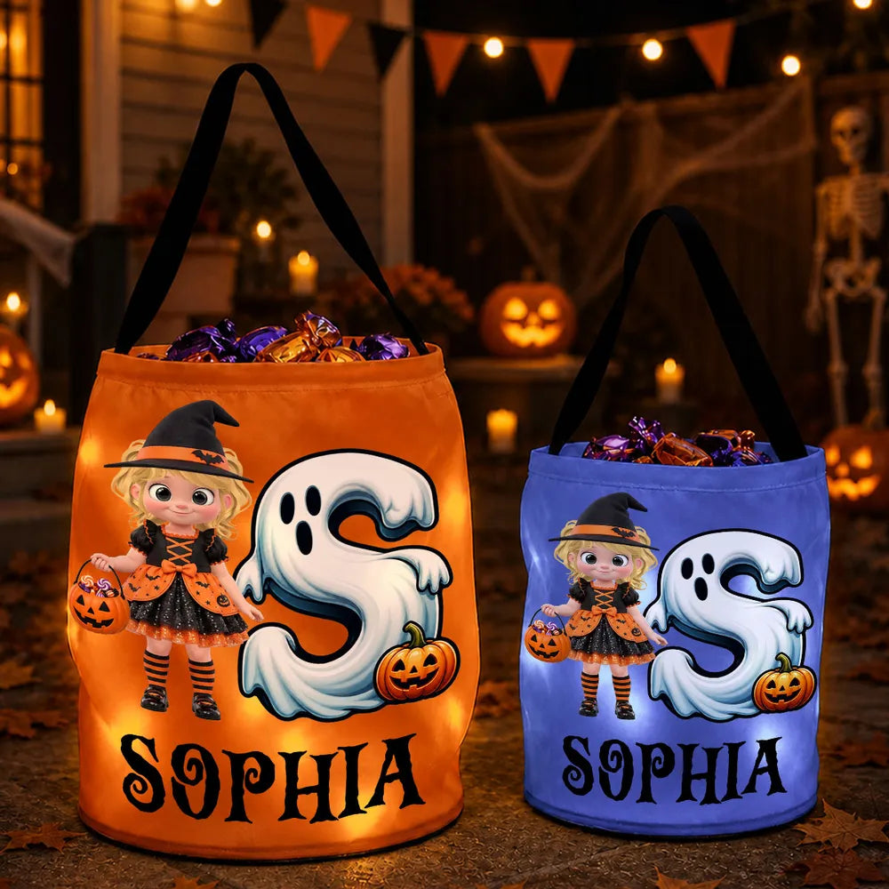 Personalized LED Light Up Fabric Basket, Witch Girl Holding Pumpkin Basket, Unique Halloween Gift for Kids