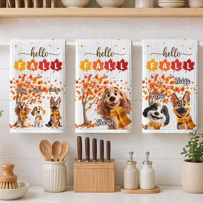 Hello Fall Personalized Kitchen Towel, Smiling Dog by an Autumn Tree, Creative Gift for Pet Owners