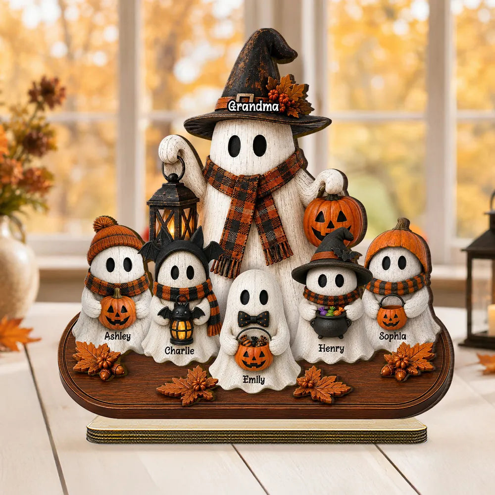 Personalized Wooden Plaque, Grandma and Grandkid Ghosts Standing Together, Rustic Halloween, Unique Gift for Grandma