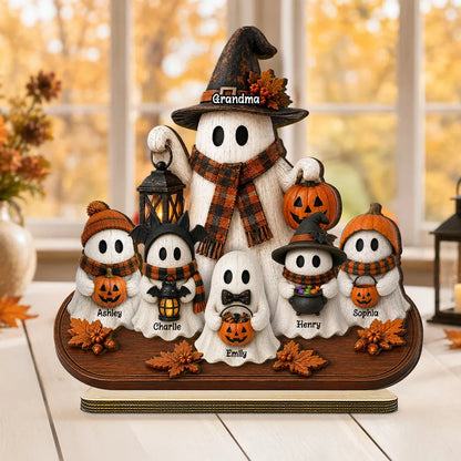 Personalized Wooden Plaque, Grandma and Grandkid Ghosts Standing Together, Rustic Halloween, Unique Gift for Grandma