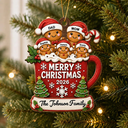 Personalized Wooden Ornament, Gingerbread Family in Hot Cocoa on a Christmas Tree, Unique Gift for Mom & Dad
