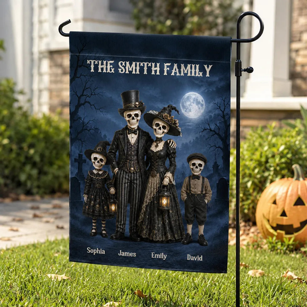 Personalized Garden Flag, Standing Gothic Skeleton Family at a Moonlit Haunted House, Unique Halloween Gift for Families