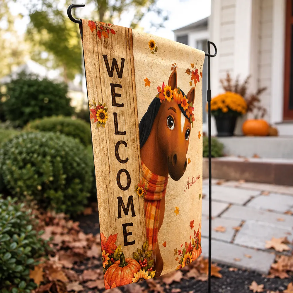 Personalized Garden Flag, Cute Horses Peeking by a Welcome Sign, Creative Fall Gift for Equestrians