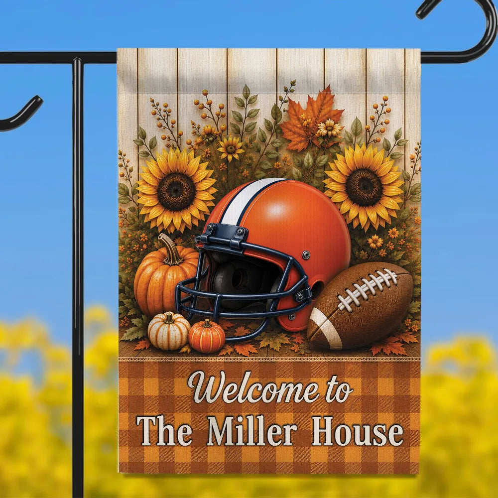 Personalized Garden Flag with Football Helmet, Pumpkins and Sunflowers, Unique Fall Gift for Family