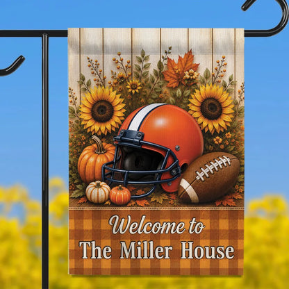 Personalized Garden Flag with Football Helmet, Pumpkins and Sunflowers, Unique Fall Gift for Family