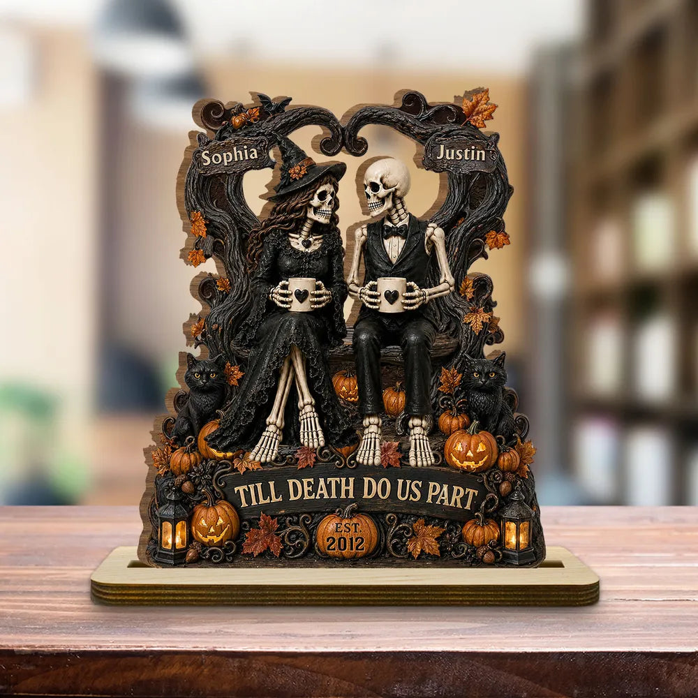 Personalized 2-Layer Wooden Plaque, Gothic Skeleton Couple With Mugs, Unique Anniversary Gift for Couples
