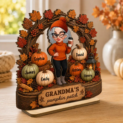 Personalized Wooden Plaque, Coffee-Holding Grandma in an Autumn Pumpkin Patch, Unique Family Gift