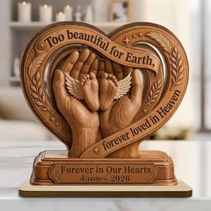 Personalized 2-Layer Wooden Plaque, Warm Brown Winged Baby Feet in Loving Hands, Unique Memorial Gift for Parents