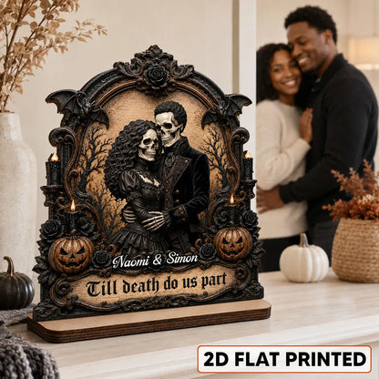 Personalized 2-Layer Wooden Plaque, Embracing Skeleton Couple, Unique Gothic Halloween Gift for Couples