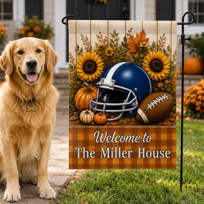 Personalized Garden Flag with Football Helmet, Pumpkins and Sunflowers, Unique Fall Gift for Family