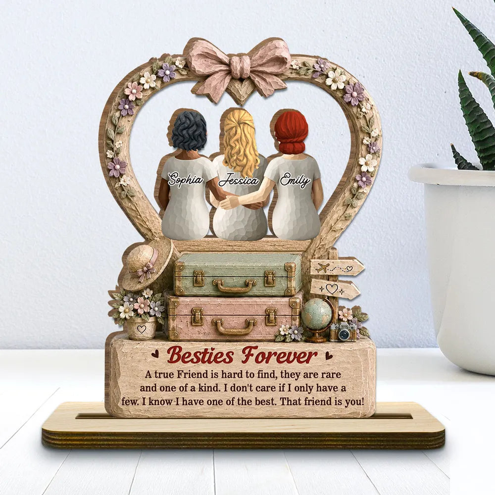 Personalized 2-Layer Wooden Plaque, Besties Forever Seated Arm in Arm, Vintage Floral Unique Gift for Best Friend