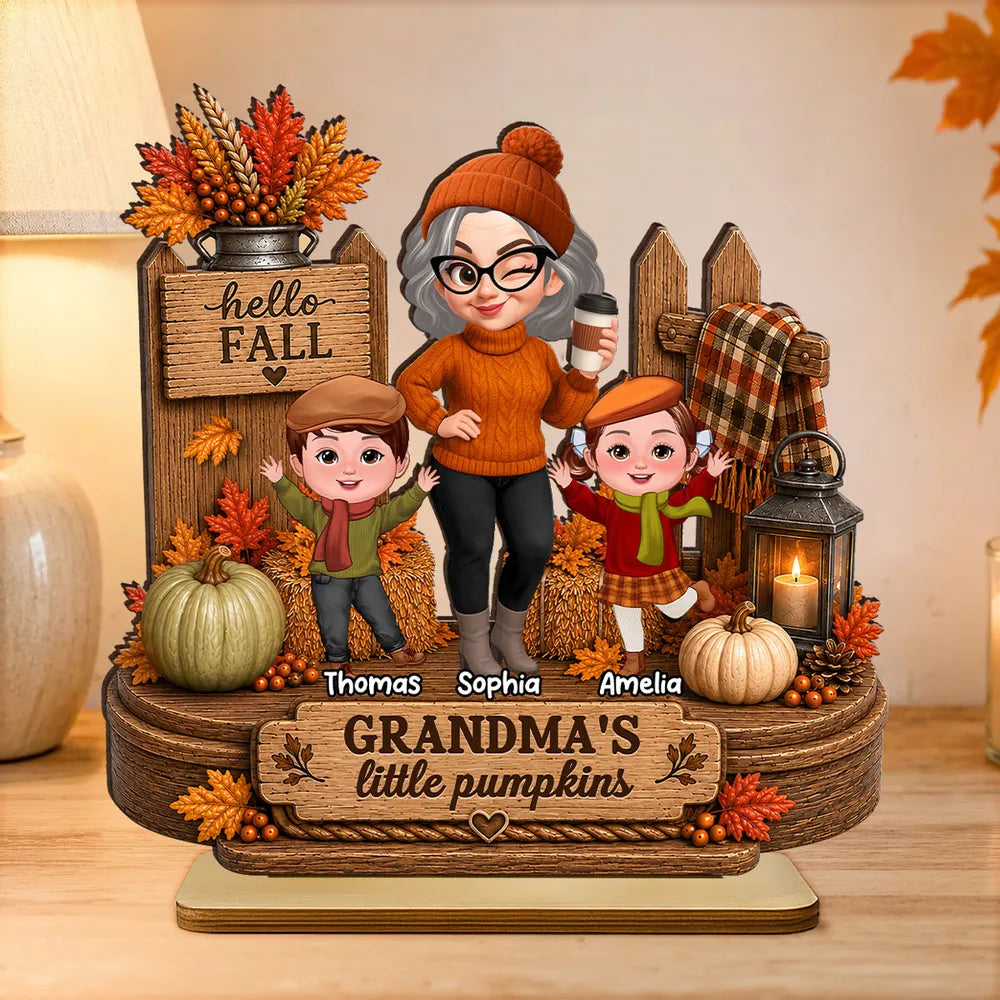 Personalized Wooden Plaque, Winking Grandma With Waving Grandkids in a Fall Scene, Unique Gift for Grandma