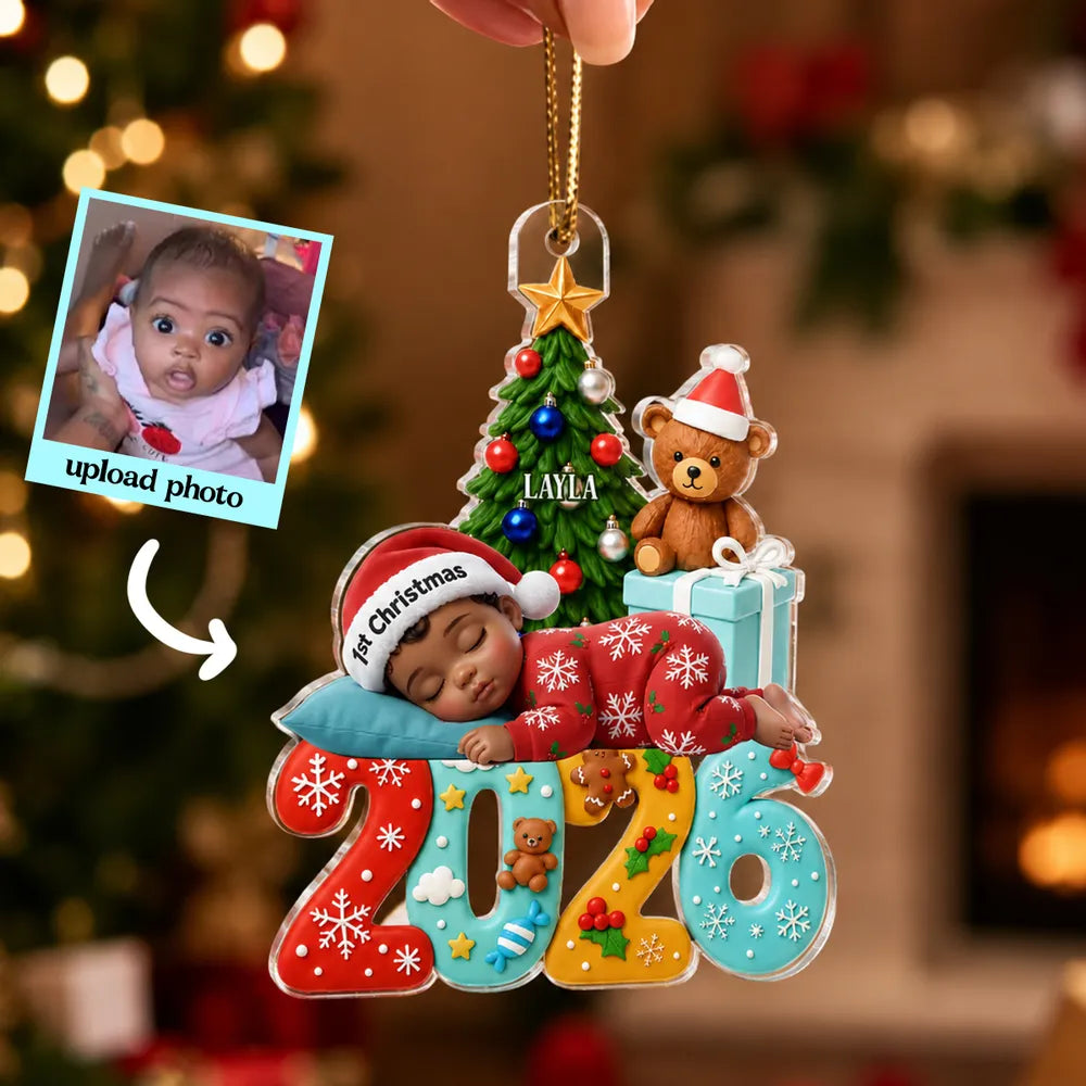 Personalized Acrylic Ornament with Sleeping Baby and Christmas Tree, Unique Christmas Gift for New Parents