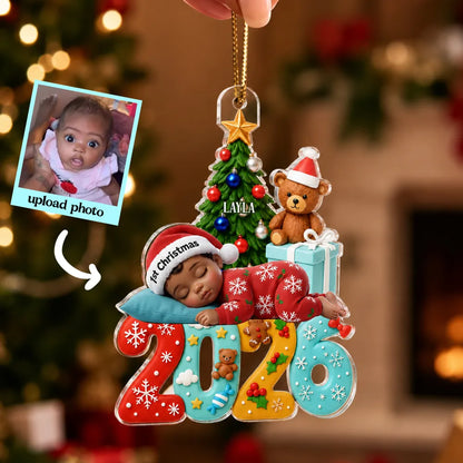 Personalized Acrylic Ornament with Sleeping Baby and Christmas Tree, Unique Christmas Gift for New Parents