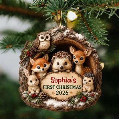 Personalized Wooden Ornament, Woodland Animals in a Snowy Pine Scene, Unique First Christmas Gift for Baby