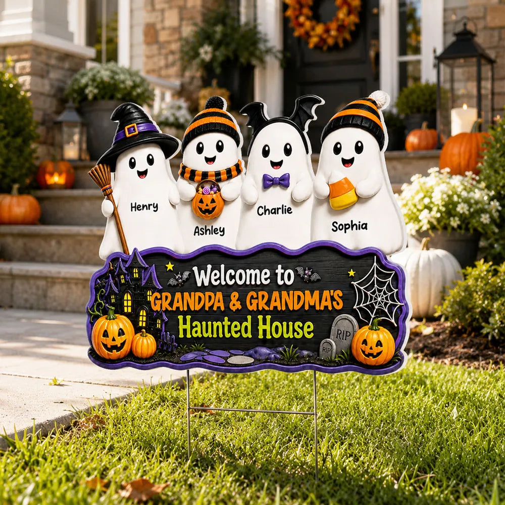 Personalized Shaped Yard Sign with Cute Ghost Family and Haunted House, Unique Gift for Grandparents