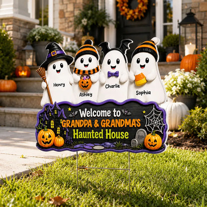 Personalized Shaped Yard Sign with Cute Ghost Family and Haunted House, Unique Gift for Grandparents