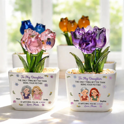 Personalized Square Glass Planter, Cartoon of a Winking Mother and Daughter Sharing a Toast, Unique Gift for Daughter
