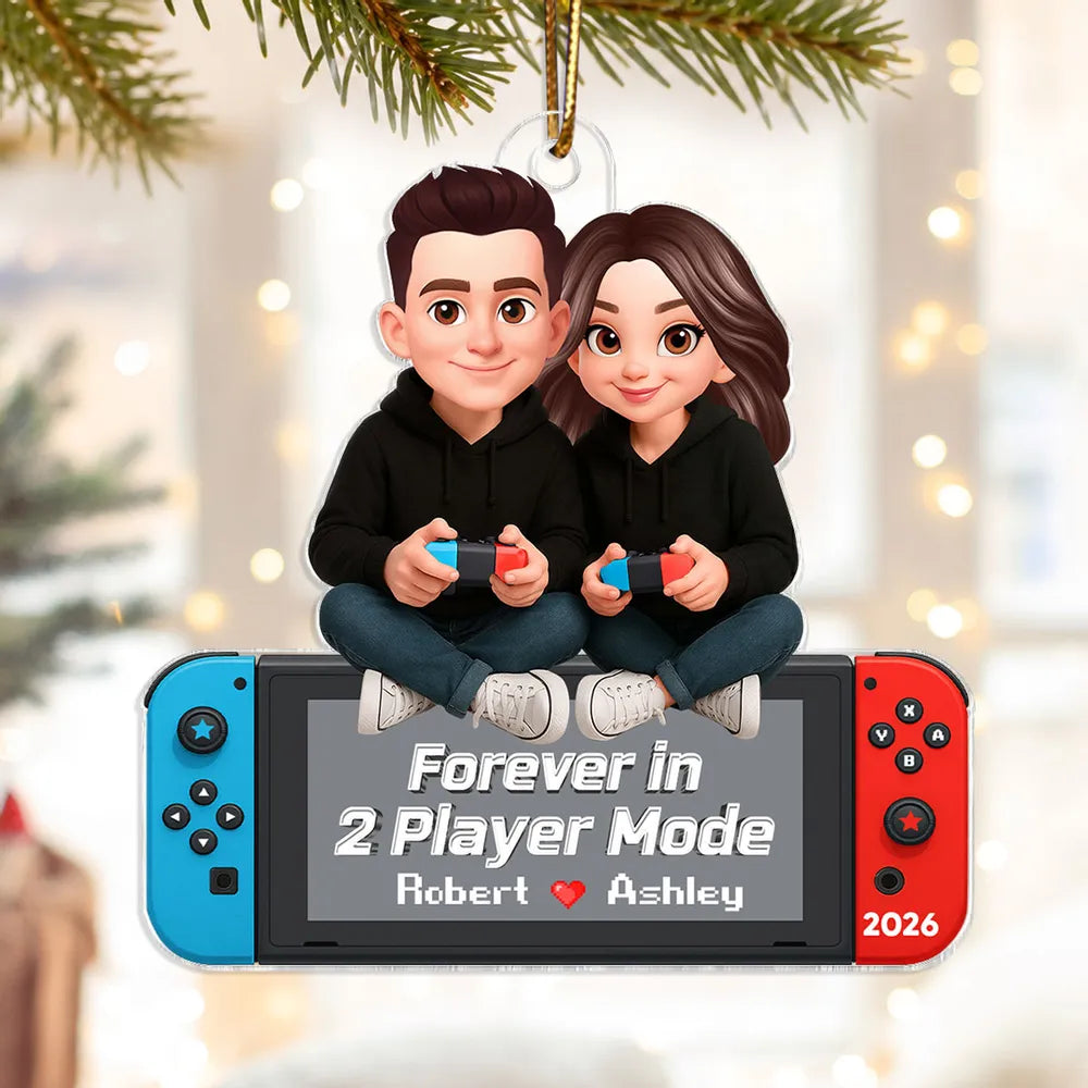 Personalized Acrylic Ornament, Cartoon Couple Holding Controllers, Unique Christmas Tree Gift for Gamers