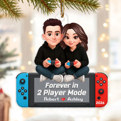 Personalized Acrylic Ornament, Cartoon Couple Holding Controllers, Unique Christmas Tree Gift for Gamers