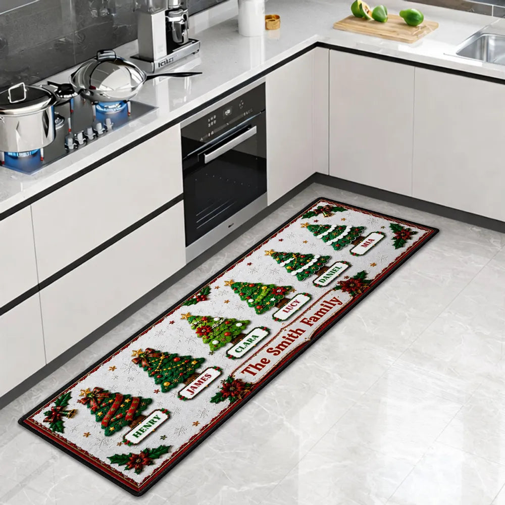 Personalized Family Christmas Tree Premium Doormat, Red and Green Entryway Decor, Unique Housewarming Gift
