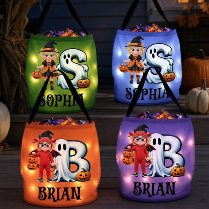 Personalized LED Light Up Fabric Basket, Witch Girl Holding Pumpkin Basket, Unique Halloween Gift for Kids