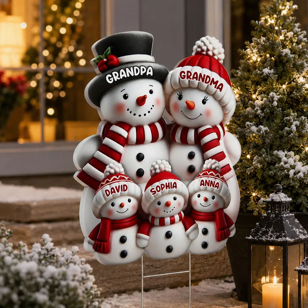 Personalized Snowman Family Shaped Yard Sign, Gathered in a Snowy Yard, Unique Christmas Gift for Grandparents
