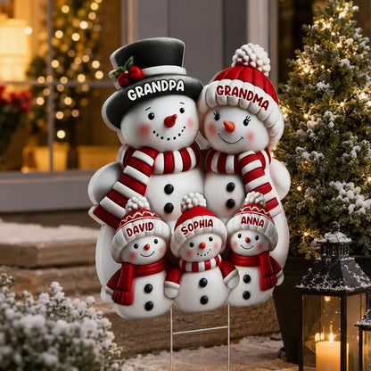 Personalized Snowman Family Shaped Yard Sign, Gathered in a Snowy Yard, Unique Christmas Gift for Grandparents