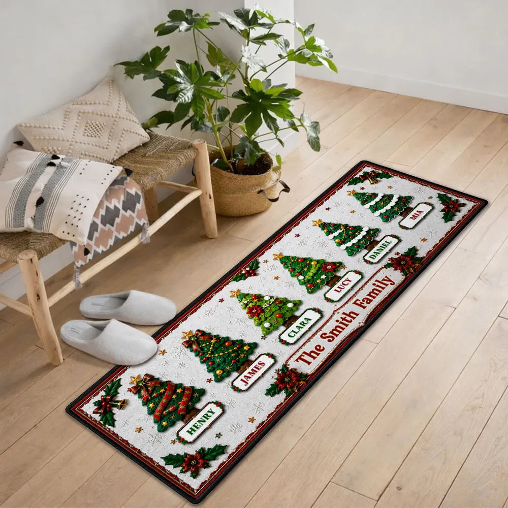 Personalized Family Christmas Tree Premium Doormat, Red and Green Entryway Decor, Unique Housewarming Gift