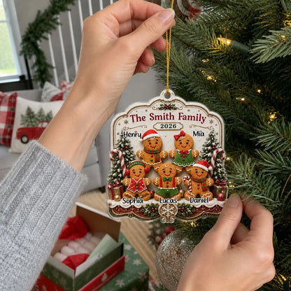 Personalized Acrylic Ornament, Gingerbread Family Among Snowy Trees, Unique Christmas Gift for Family