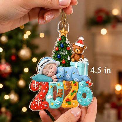 Personalized Acrylic Ornament with Sleeping Baby and Christmas Tree, Unique Christmas Gift for New Parents