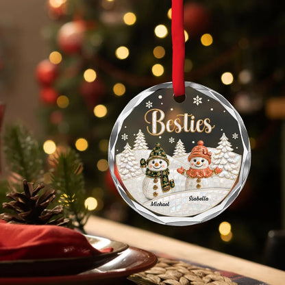 Personalized Crystal Ornament, Snowman Siblings in a Snowy Forest, Unique Christmas Gift for Family
