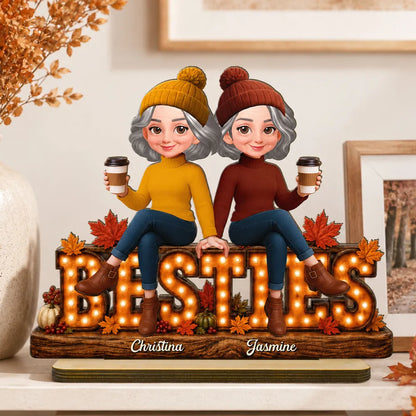 Personalized 2-Layer Wooden Plaque, Friends Holding Coffee in Autumn, Unique Gift for Best Friends